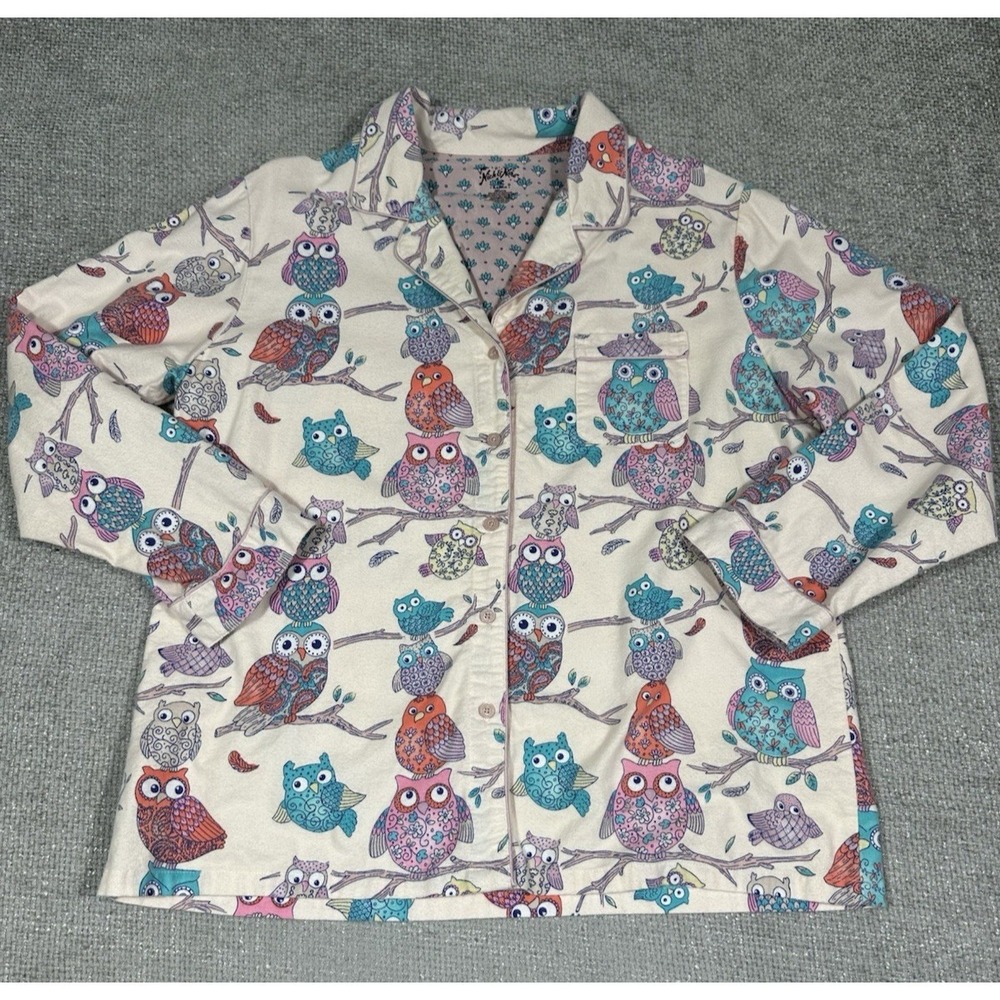 Nick & Nora Pajama Top Womens XXL Pink Blue Owls Flannel Cozy Button Up - Picture 1 of 6
